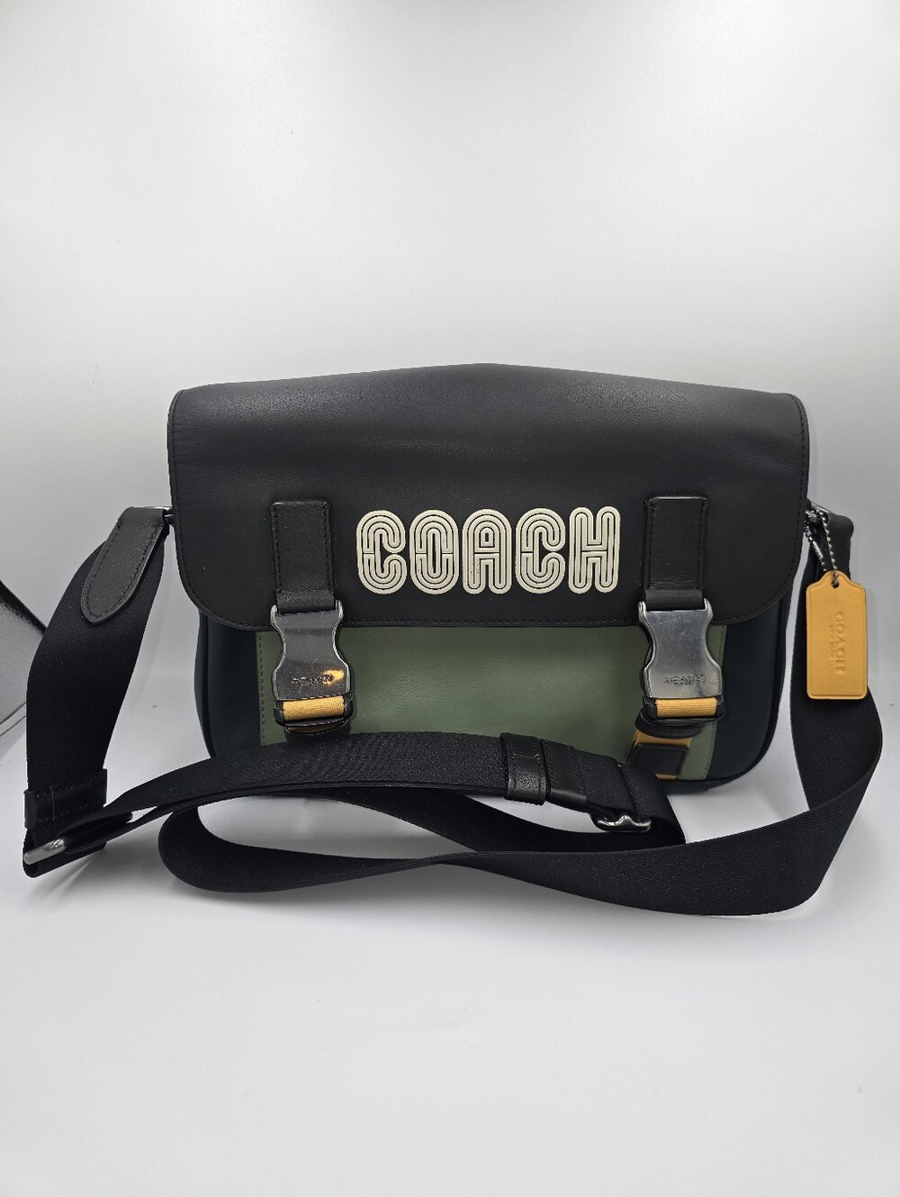 Coach Black and Green Messenger Bag with Yellow Tag